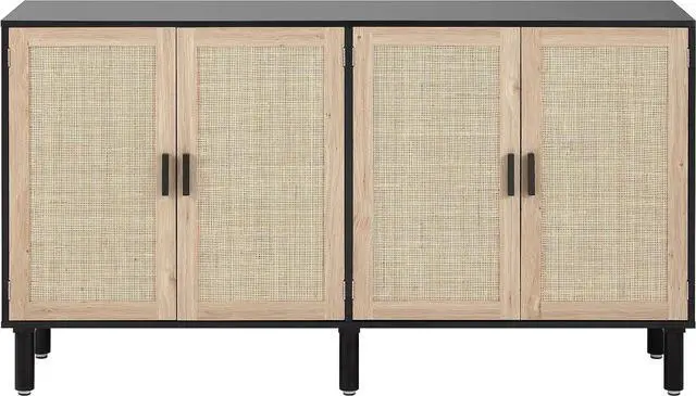 Alt view image 6 of 6 - Finnhomy 4 Door Sideboard Buffet Cabinet, Kitchen Storage Cabinet with Rattan Decorated Doors, Cupboard Console Table, Boho Accent Liquor Cabinet, Bar Cabient, 62.3X 15.7X 34.6 Inches, Black
