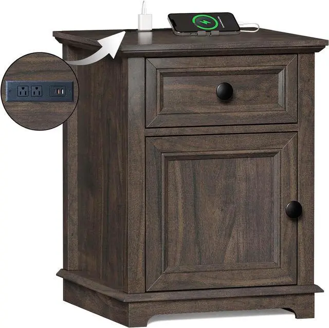 Main image of 24" End Table with Fast Charging Station, Side Table with Drawer, Adjustable Shelf & Large Storage Cabinet, Vintage Wooden Nightstand for Living Room/Bedroom, Rustic Brown