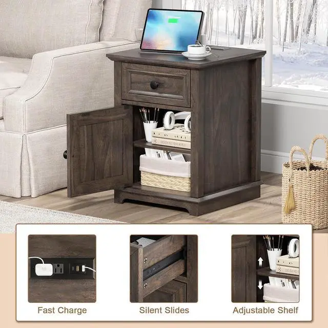 Alt view image 4 of 6 - 24" End Table with Fast Charging Station, Side Table with Drawer, Adjustable Shelf & Large Storage Cabinet, Vintage Wooden Nightstand for Living Room/Bedroom, Rustic Brown