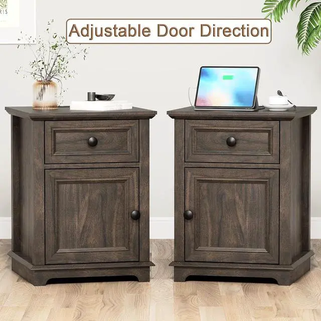 Alt view image 6 of 6 - 24" End Table with Fast Charging Station, Side Table with Drawer, Adjustable Shelf & Large Storage Cabinet, Vintage Wooden Nightstand for Living Room/Bedroom, Rustic Brown