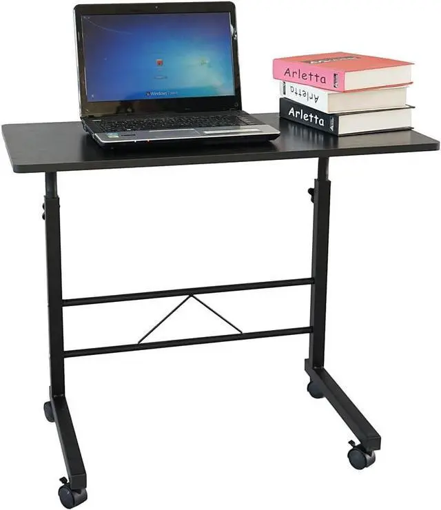 Alt view image 4 of 6 - Goujxcy Sofa Side Table C Shaped End Table with Wheels, Black Rolling Bedside Laptop Table Snack Table TV Tray, Height Adjustable, Wooden Top & Metal Frame