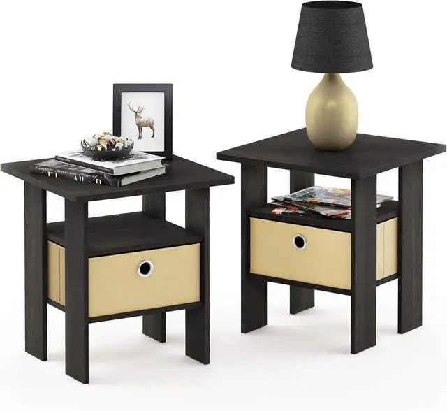 Alt view image 4 of 6 - Furinno Andrey Set of 2 End / Side Table / Night Stand / Bedside Table with Bin Drawer, Espresso