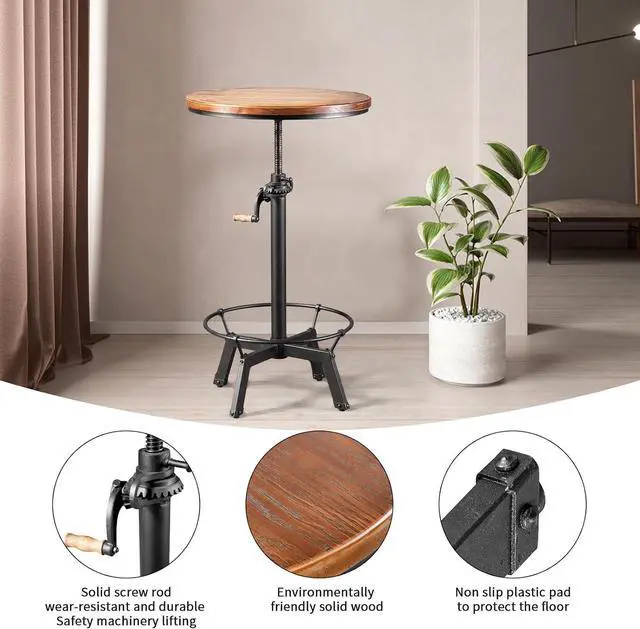 Alt view image 2 of 7 - LOKKHAN 33.5-39.4 Inch Tall Industrial Bar Table-Adjustable Bar Height Bistro Whiskey Pub Table-23.7" Dia Swivel Round Wood Top Metal Base-Easily Adjusts by Crank Handle
