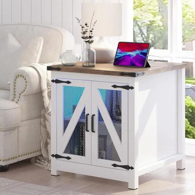 Main image of Farmhouse End Table, 24" Large Sofa Side Table with Charging Station, Mesh Barn Door, and Adjustable Storage Shelf, Rustic Wood Square Nightstand for Living Room, Bedroom, Office, White &Brown