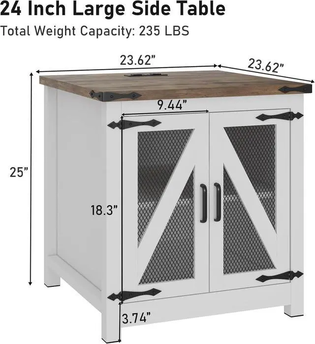 Alt view image 2 of 7 - Farmhouse End Table, 24" Large Sofa Side Table with Charging Station, Mesh Barn Door, and Adjustable Storage Shelf, Rustic Wood Square Nightstand for Living Room, Bedroom, Office, White &Brown