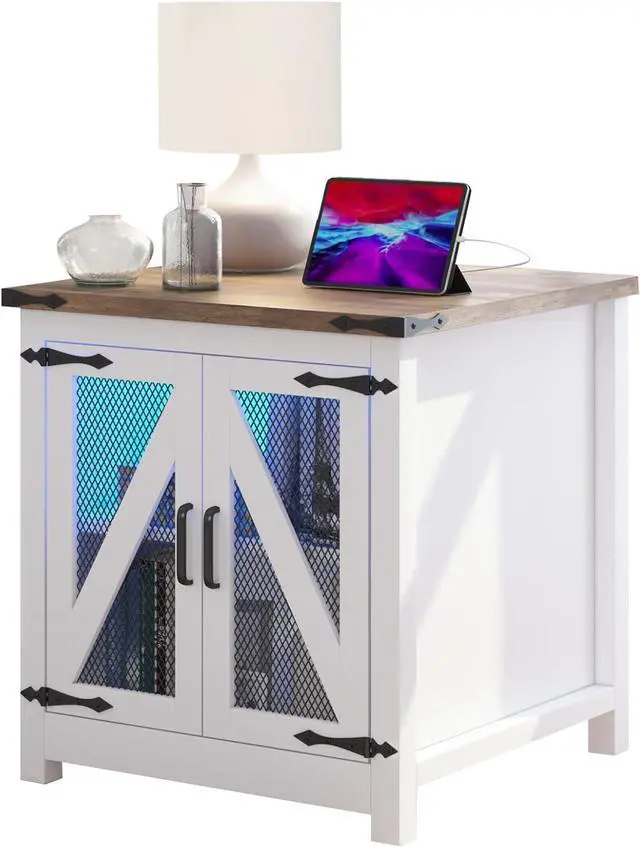 Alt view image 3 of 7 - Farmhouse End Table, 24" Large Sofa Side Table with Charging Station, Mesh Barn Door, and Adjustable Storage Shelf, Rustic Wood Square Nightstand for Living Room, Bedroom, Office, White &Brown