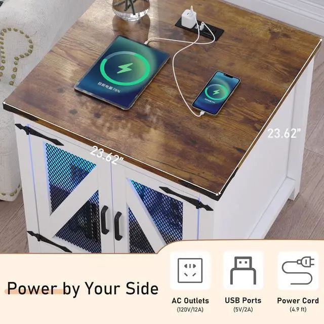 Alt view image 4 of 7 - Farmhouse End Table, 24" Large Sofa Side Table with Charging Station, Mesh Barn Door, and Adjustable Storage Shelf, Rustic Wood Square Nightstand for Living Room, Bedroom, Office, White &Brown