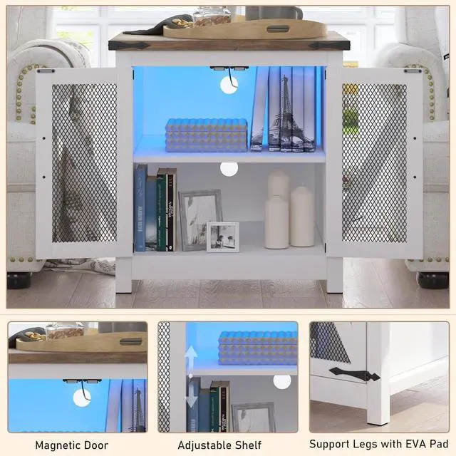 Alt view image 5 of 7 - Farmhouse End Table, 24" Large Sofa Side Table with Charging Station, Mesh Barn Door, and Adjustable Storage Shelf, Rustic Wood Square Nightstand for Living Room, Bedroom, Office, White &Brown