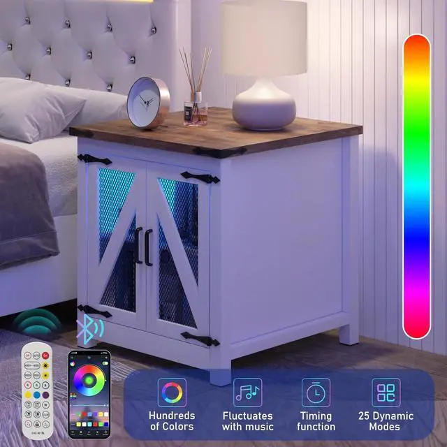 Alt view image 6 of 7 - Farmhouse End Table, 24" Large Sofa Side Table with Charging Station, Mesh Barn Door, and Adjustable Storage Shelf, Rustic Wood Square Nightstand for Living Room, Bedroom, Office, White &Brown