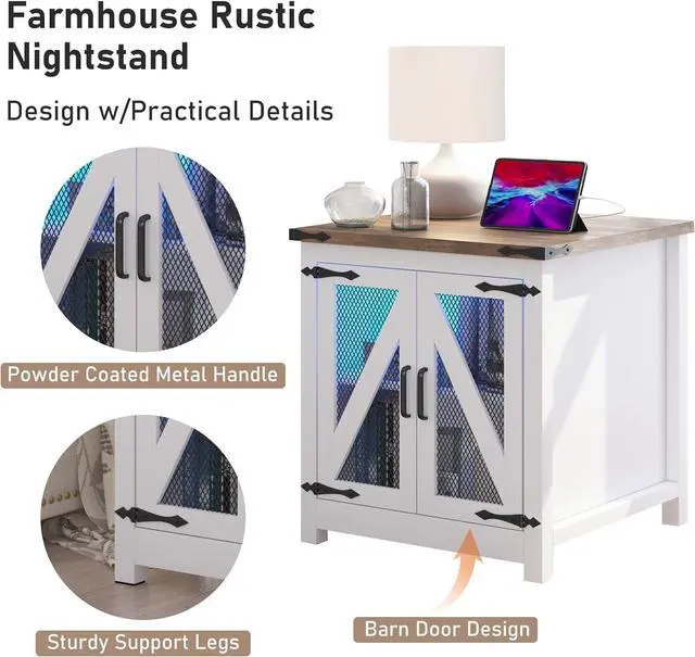 Alt view image 7 of 7 - Farmhouse End Table, 24" Large Sofa Side Table with Charging Station, Mesh Barn Door, and Adjustable Storage Shelf, Rustic Wood Square Nightstand for Living Room, Bedroom, Office, White &Brown