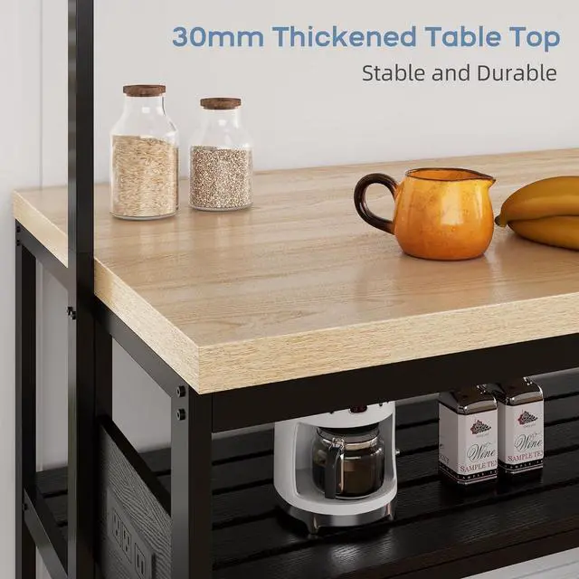 Alt view image 3 of 7 - 43'' Large Kitchen Island Bakers Rack Microwave Oven Stand Shelf with 3 Tier Storage, Metal Coffee Bar Table,Kitchen Storage for Dining Living Room, 5 Hooks, 43.7 * 27.9 * 72