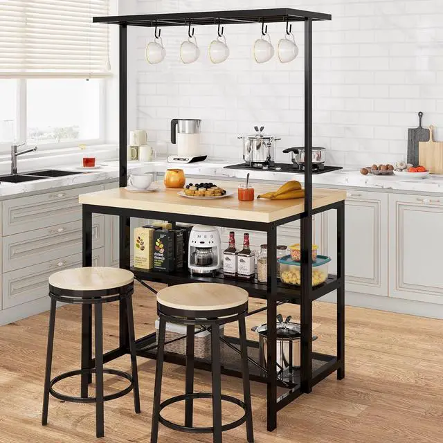 Alt view image 4 of 7 - 43'' Large Kitchen Island Bakers Rack Microwave Oven Stand Shelf with 3 Tier Storage, Metal Coffee Bar Table,Kitchen Storage for Dining Living Room, 5 Hooks, 43.7 * 27.9 * 72