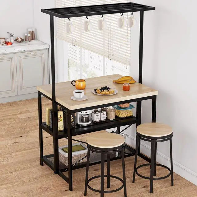 Alt view image 7 of 7 - 43'' Large Kitchen Island Bakers Rack Microwave Oven Stand Shelf with 3 Tier Storage, Metal Coffee Bar Table,Kitchen Storage for Dining Living Room, 5 Hooks, 43.7 * 27.9 * 72