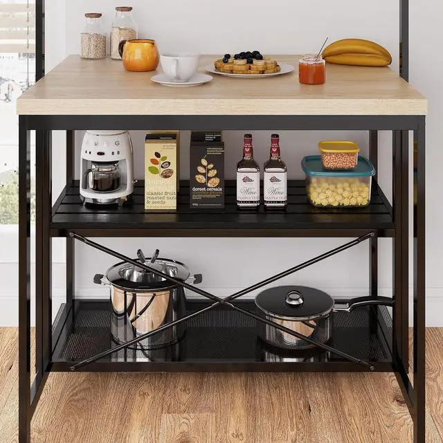 Alt view image 5 of 7 - 43'' Large Kitchen Island Bakers Rack Microwave Oven Stand Shelf with 3 Tier Storage, Metal Coffee Bar Table,Kitchen Storage for Dining Living Room, 5 Hooks, 43.7 * 27.9 * 72