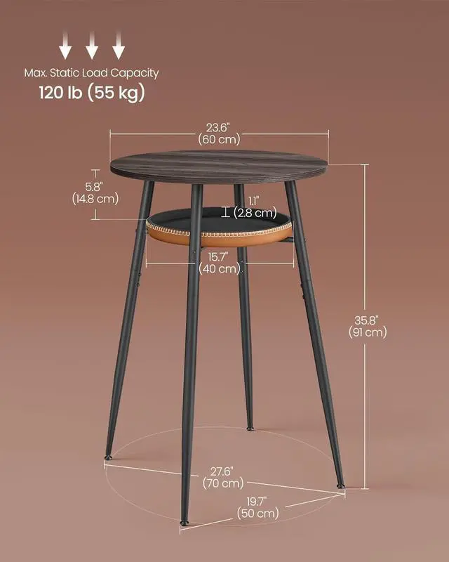 Alt view image 2 of 7 - VASAGLE EKHO Collection - Bar Table with Storage, Round High Pub Table, Synthetic Leather with Stitching, Mid-Century Modern, Kitchen Home Bar, Living Room, Easy Assembly, Ash Brown and Caramel Brown
