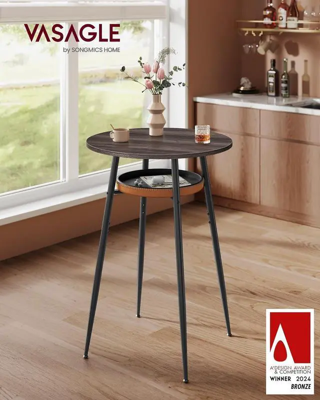 Alt view image 3 of 7 - VASAGLE EKHO Collection - Bar Table with Storage, Round High Pub Table, Synthetic Leather with Stitching, Mid-Century Modern, Kitchen Home Bar, Living Room, Easy Assembly, Ash Brown and Caramel Brown