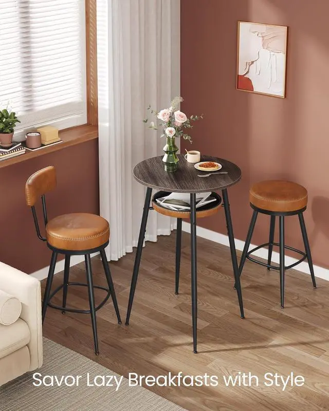 Alt view image 6 of 7 - VASAGLE EKHO Collection - Bar Table with Storage, Round High Pub Table, Synthetic Leather with Stitching, Mid-Century Modern, Kitchen Home Bar, Living Room, Easy Assembly, Ash Brown and Caramel Brown