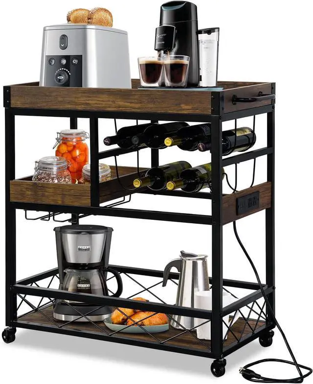 Main image of Bar Cart with Power Outlet, Industrial Kitchen Serving Cart with Wine Rack & Glass Holder, Coffee Bar Table Station with Storage, Rolling Cart on Wheels with 59IN Cord, Brown