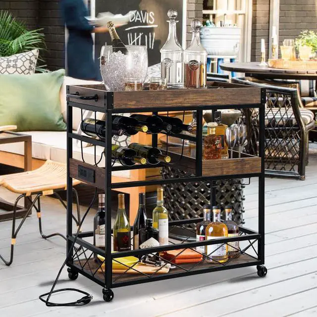 Alt view image 2 of 6 - Bar Cart with Power Outlet, Industrial Kitchen Serving Cart with Wine Rack & Glass Holder, Coffee Bar Table Station with Storage, Rolling Cart on Wheels with 59IN Cord, Brown