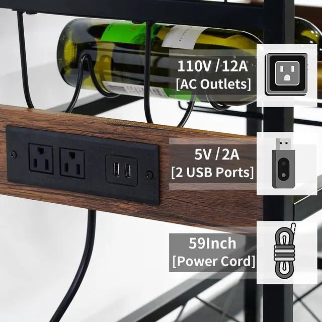 Alt view image 3 of 6 - Bar Cart with Power Outlet, Industrial Kitchen Serving Cart with Wine Rack & Glass Holder, Coffee Bar Table Station with Storage, Rolling Cart on Wheels with 59IN Cord, Brown