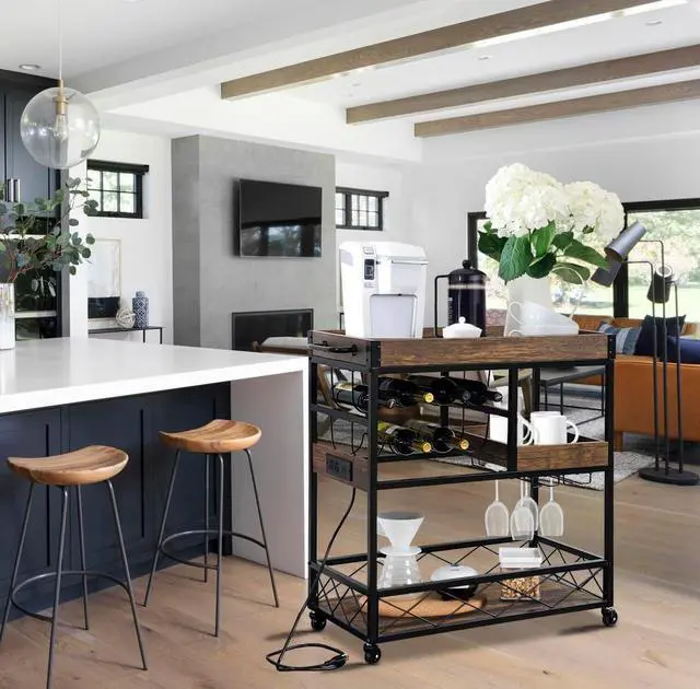 Alt view image 4 of 6 - Bar Cart with Power Outlet, Industrial Kitchen Serving Cart with Wine Rack & Glass Holder, Coffee Bar Table Station with Storage, Rolling Cart on Wheels with 59IN Cord, Brown