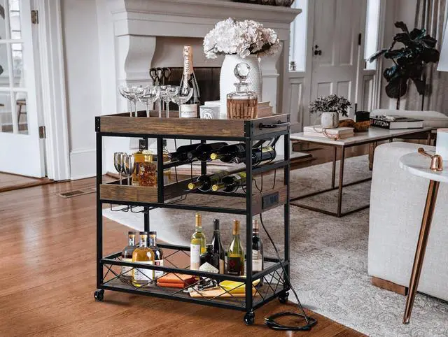 Alt view image 5 of 6 - Bar Cart with Power Outlet, Industrial Kitchen Serving Cart with Wine Rack & Glass Holder, Coffee Bar Table Station with Storage, Rolling Cart on Wheels with 59IN Cord, Brown