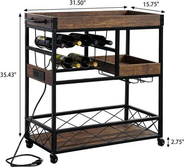 Alt view image 6 of 6 - Bar Cart with Power Outlet, Industrial Kitchen Serving Cart with Wine Rack & Glass Holder, Coffee Bar Table Station with Storage, Rolling Cart on Wheels with 59IN Cord, Brown