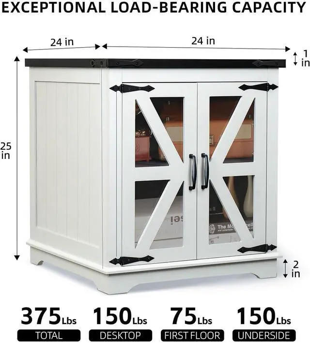 Alt view image 2 of 7 - Farmhouse End Table, 24" Large End Tables with Storage, Rustic Square Sofa Beside Table with Glass Barn Door, Wood Side Table Square Nightstand for Living Room, Bedroom, Office (White)