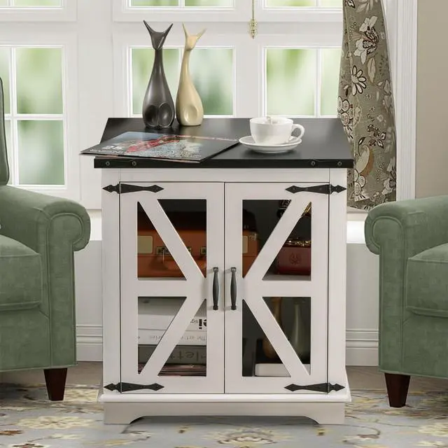 Alt view image 3 of 7 - Farmhouse End Table, 24" Large End Tables with Storage, Rustic Square Sofa Beside Table with Glass Barn Door, Wood Side Table Square Nightstand for Living Room, Bedroom, Office (White)
