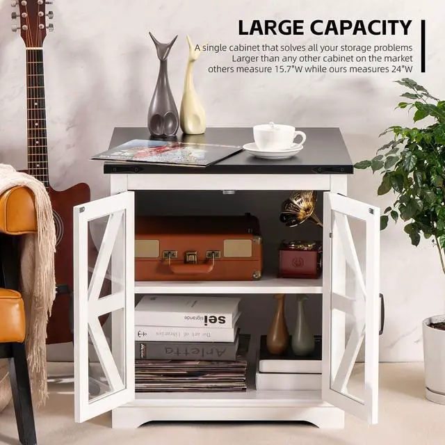 Alt view image 4 of 7 - Farmhouse End Table, 24" Large End Tables with Storage, Rustic Square Sofa Beside Table with Glass Barn Door, Wood Side Table Square Nightstand for Living Room, Bedroom, Office (White)