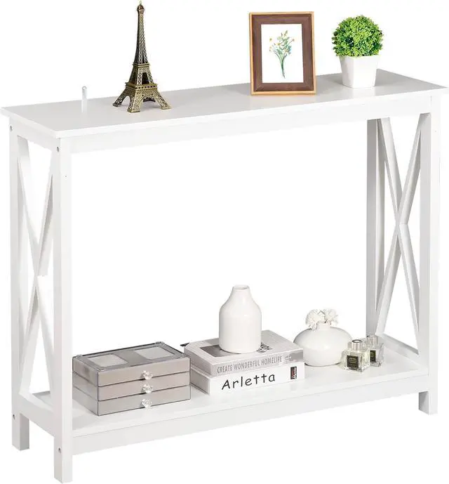 Main image of SUPER DEAL 2-Tier Narrow Console Sofa Side Table for Entryway/Hallway/Living Room, 39.3in L x 11.8in W x 31.6in H, White