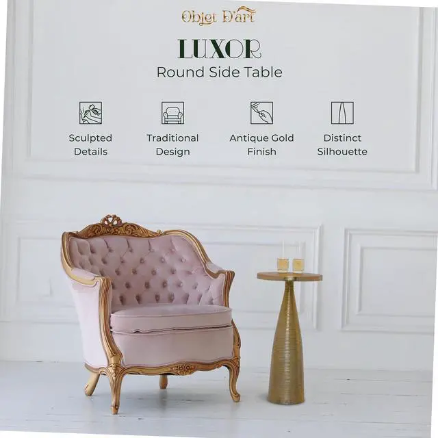 Alt view image 4 of 7 - OBJET D'ART Small Round Gold End Tables, Luxor, 23'' Height, Vintage Metal Accent, Side, Pedestal, Coctail and Drink Tables for Living Room and Small Spaces