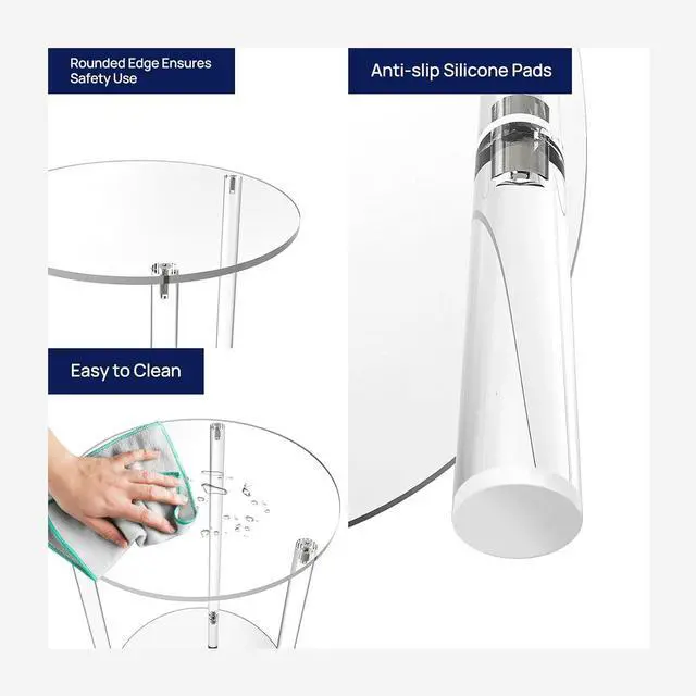 Alt view image 4 of 7 - HMYHUM Acrylic Round Side Table Set of 2, 11.8" L x 11.8" W x 20.2" H, Clear Small End Table for Small Spaces, 2-Tier Nightstand/Bedside Table for Living Room, Bedroom, Modern