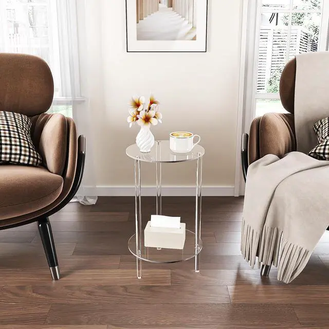 Alt view image 7 of 7 - HMYHUM Acrylic Round Side Table Set of 2, 11.8" L x 11.8" W x 20.2" H, Clear Small End Table for Small Spaces, 2-Tier Nightstand/Bedside Table for Living Room, Bedroom, Modern