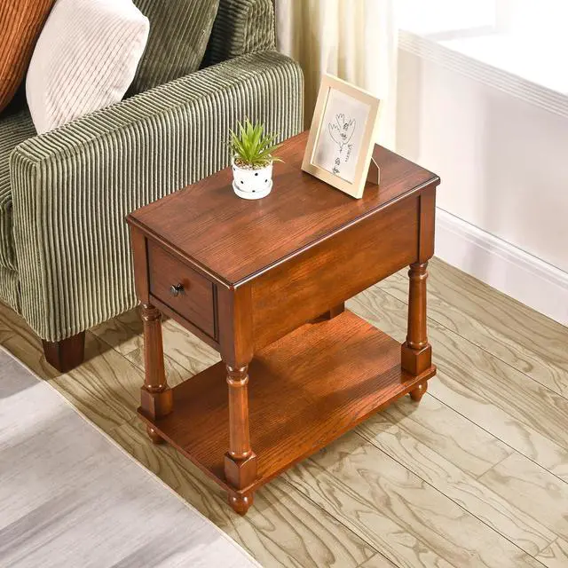 Alt view image 3 of 7 - Narrow End Table with Drawer and Shelf, Solid Wood Sofa Side Table 2-Tier Skinny Table with Storage Slim Bedside Table for Small Spaces Living Room-Cherry Brown BBJ-004-DR
