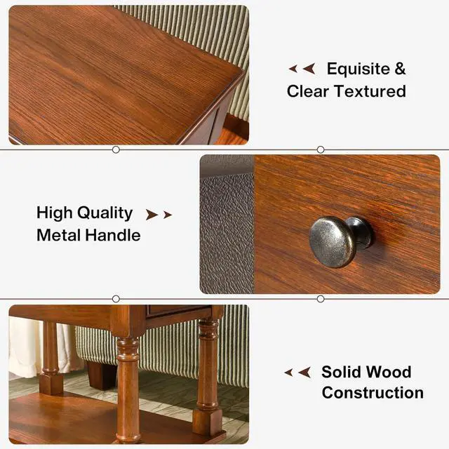 Alt view image 4 of 7 - Narrow End Table with Drawer and Shelf, Solid Wood Sofa Side Table 2-Tier Skinny Table with Storage Slim Bedside Table for Small Spaces Living Room-Cherry Brown BBJ-004-DR