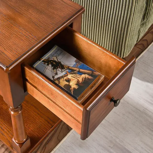 Alt view image 6 of 7 - Narrow End Table with Drawer and Shelf, Solid Wood Sofa Side Table 2-Tier Skinny Table with Storage Slim Bedside Table for Small Spaces Living Room-Cherry Brown BBJ-004-DR