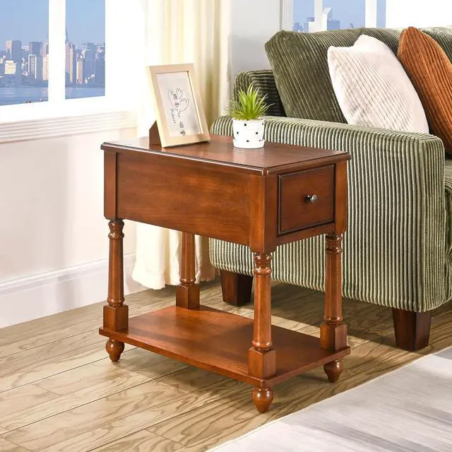 Alt view image 7 of 7 - Narrow End Table with Drawer and Shelf, Solid Wood Sofa Side Table 2-Tier Skinny Table with Storage Slim Bedside Table for Small Spaces Living Room-Cherry Brown BBJ-004-DR