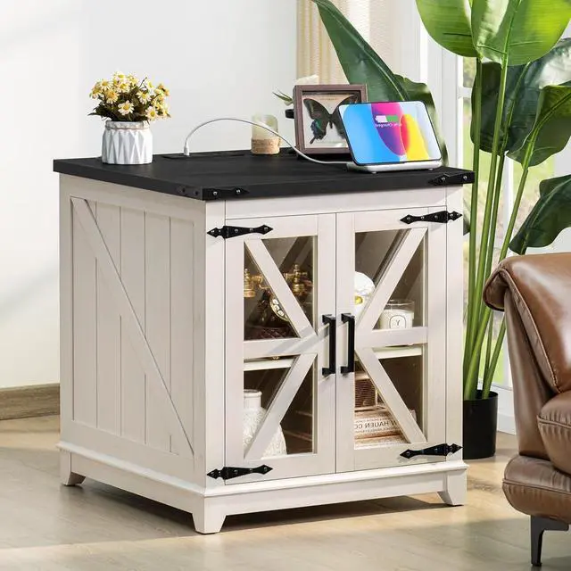 Alt view image 5 of 7 - Farmhouse End Table,24" Large Sofa Side Table with Charging Station Glass Barn Door,Wood Nightstand with Adjustable Storage Shelf,Square Bedside Table for Living Room,Bedroom,Office-White
