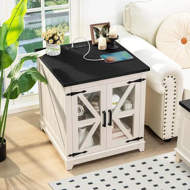 Alt view image 4 of 7 - Farmhouse End Table,24" Large Sofa Side Table with Charging Station Glass Barn Door,Wood Nightstand with Adjustable Storage Shelf,Square Bedside Table for Living Room,Bedroom,Office-White