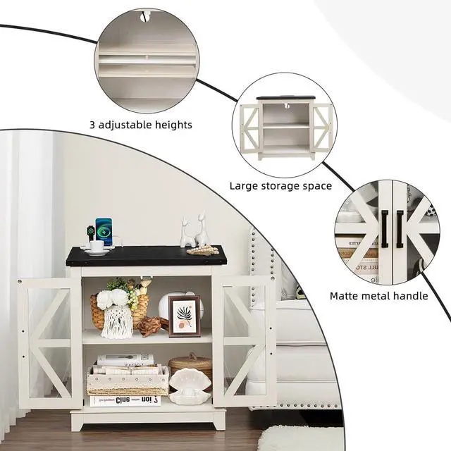 Alt view image 7 of 7 - Farmhouse End Table,24" Large Sofa Side Table with Charging Station Glass Barn Door,Wood Nightstand with Adjustable Storage Shelf,Square Bedside Table for Living Room,Bedroom,Office-White