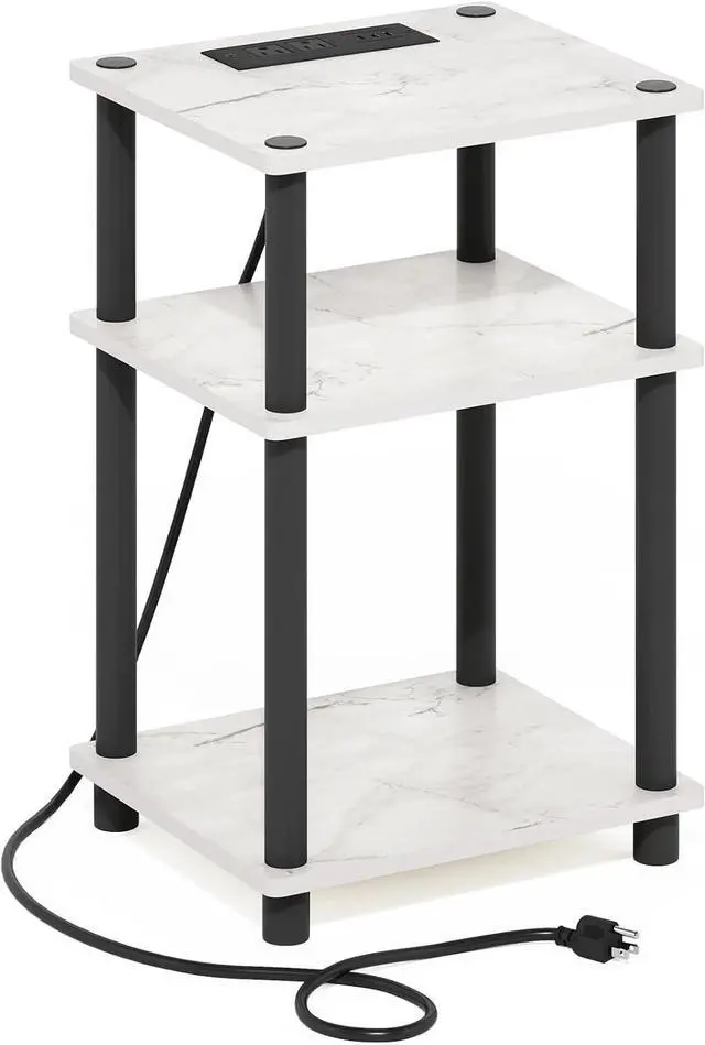 Alt view image 7 of 7 - Furinno Just 3-Tier Turn-N-Tube USB and Type-C Charging Port End Table with Open Storage, 11.42 (W) x 8.82 (H) x 6.77 (D) inches, Marble White/Black