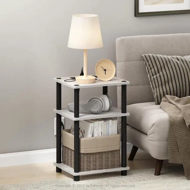 Alt view image 2 of 7 - Furinno Just 3-Tier Turn-N-Tube USB and Type-C Charging Port End Table with Open Storage, 11.42 (W) x 8.82 (H) x 6.77 (D) inches, Marble White/Black