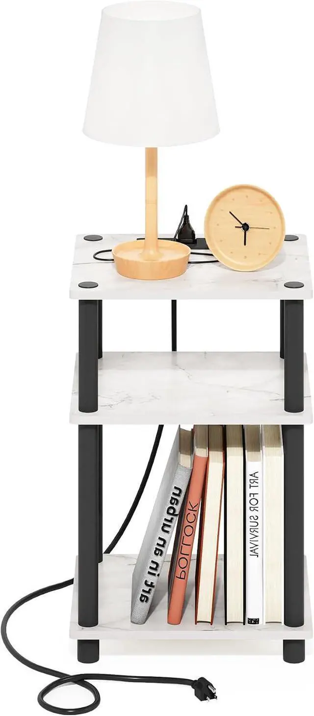 Alt view image 4 of 7 - Furinno Just 3-Tier Turn-N-Tube USB and Type-C Charging Port End Table with Open Storage, 11.42 (W) x 8.82 (H) x 6.77 (D) inches, Marble White/Black