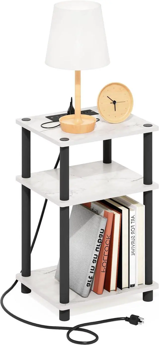 Main image of Furinno Just 3-Tier Turn-N-Tube USB and Type-C Charging Port End Table with Open Storage, 11.42 (W) x 8.82 (H) x 6.77 (D) inches, Marble White/Black