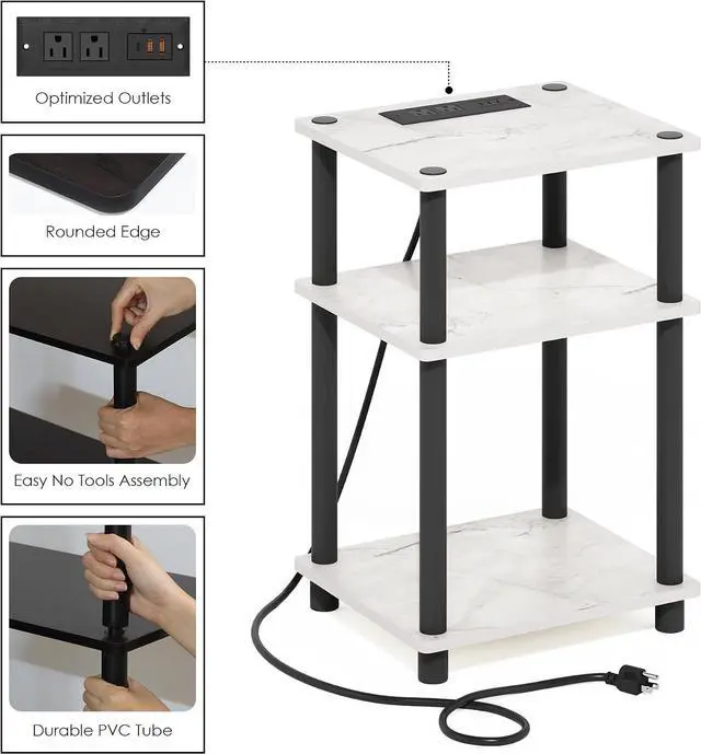 Alt view image 5 of 7 - Furinno Just 3-Tier Turn-N-Tube USB and Type-C Charging Port End Table with Open Storage, 11.42 (W) x 8.82 (H) x 6.77 (D) inches, Marble White/Black