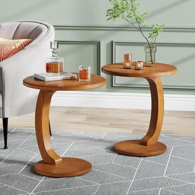Main image of Tribesigns C-Shaped End Table Set of 2, Wooden Round Side Sofa Table, Couch Side Table, Mid-Century Modern End Table, Small Side Table, Boho Side Tray Table for Living Room, Brown