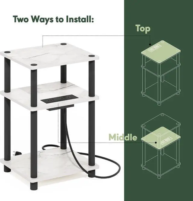 Alt view image 6 of 7 - Furinno Just 3-Tier Turn-N-Tube USB and Type-C Charging Port End Table with Open Storage, 11.42 (W) x 8.82 (H) x 6.77 (D) inches, Marble White/Black
