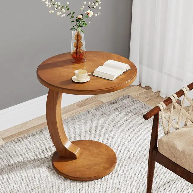 Alt view image 3 of 7 - Tribesigns C-Shaped End Table Set of 2, Wooden Round Side Sofa Table, Couch Side Table, Mid-Century Modern End Table, Small Side Table, Boho Side Tray Table for Living Room, Brown