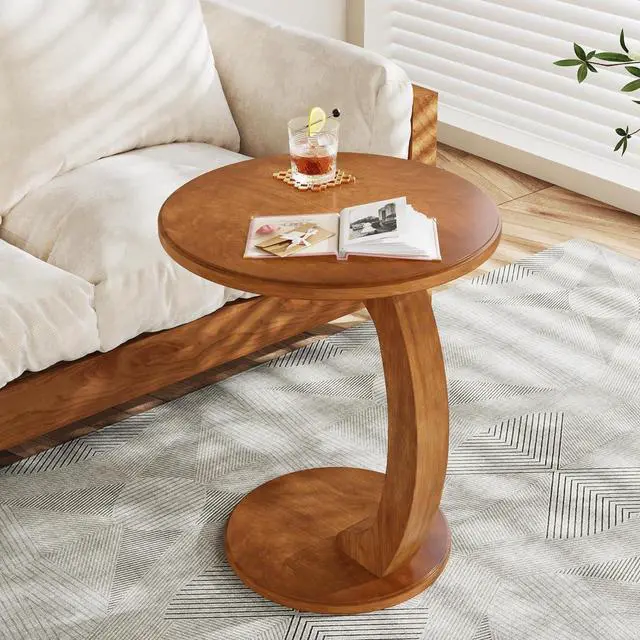 Alt view image 4 of 7 - Tribesigns C-Shaped End Table Set of 2, Wooden Round Side Sofa Table, Couch Side Table, Mid-Century Modern End Table, Small Side Table, Boho Side Tray Table for Living Room, Brown